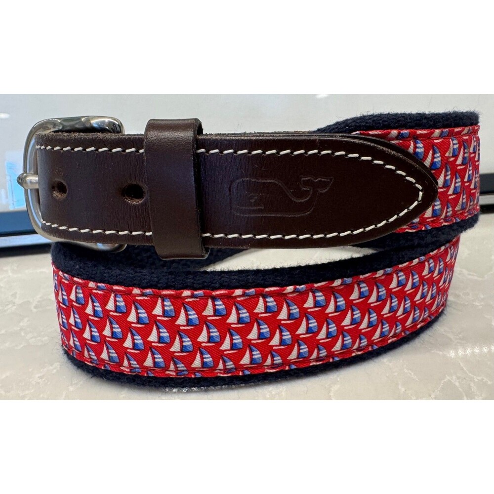VINEYARD VINES SAILBOATS - Canvas Brown Leather Belt - Size 26